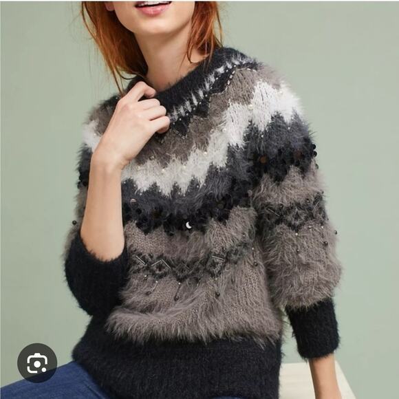 Anthropologie Sweaters - Anthropologie Sleeping On Snow Gray Black Fair Isle Bubble Sleeve Sweater Large